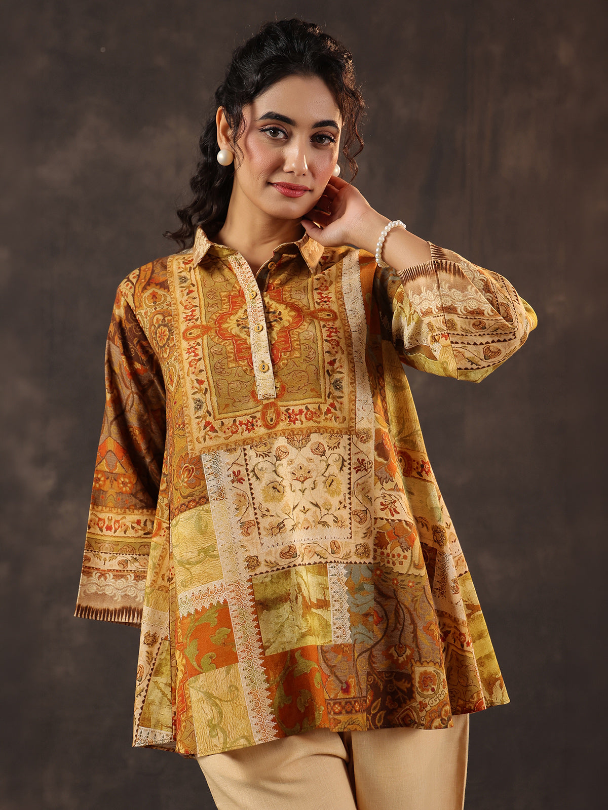 Beige silver linen printed casual co ord set