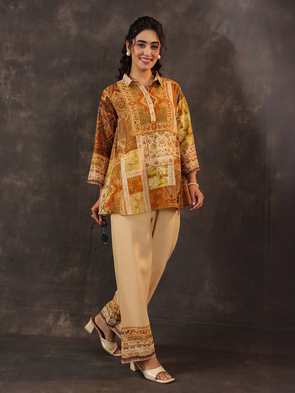 Beige silver linen printed casual co ord set