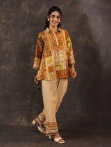 Beige silver linen printed casual co ord set