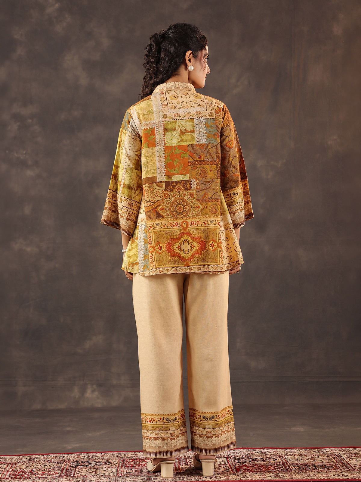 Beige silver linen printed casual co ord set