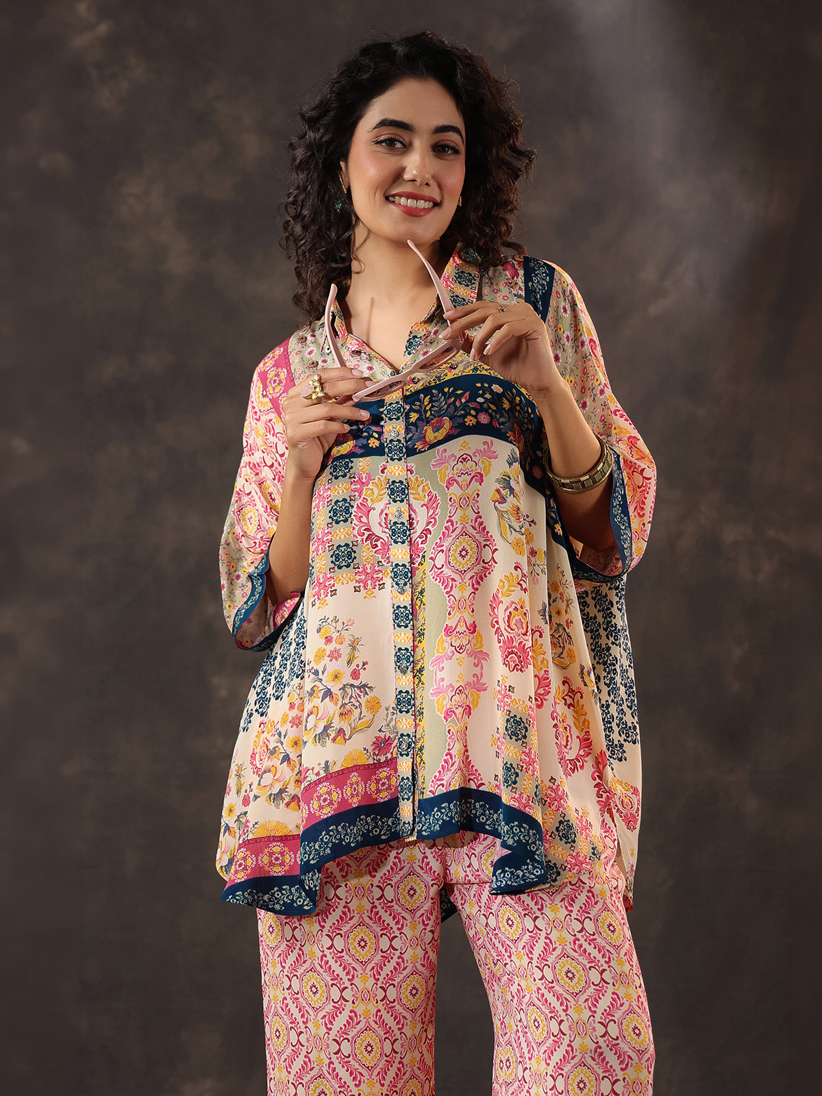 Pink beige viscose crepe printed co ord set