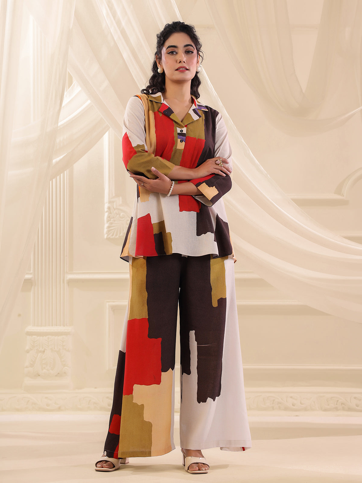 Multicolor silver linen printed festive casual co ord set
