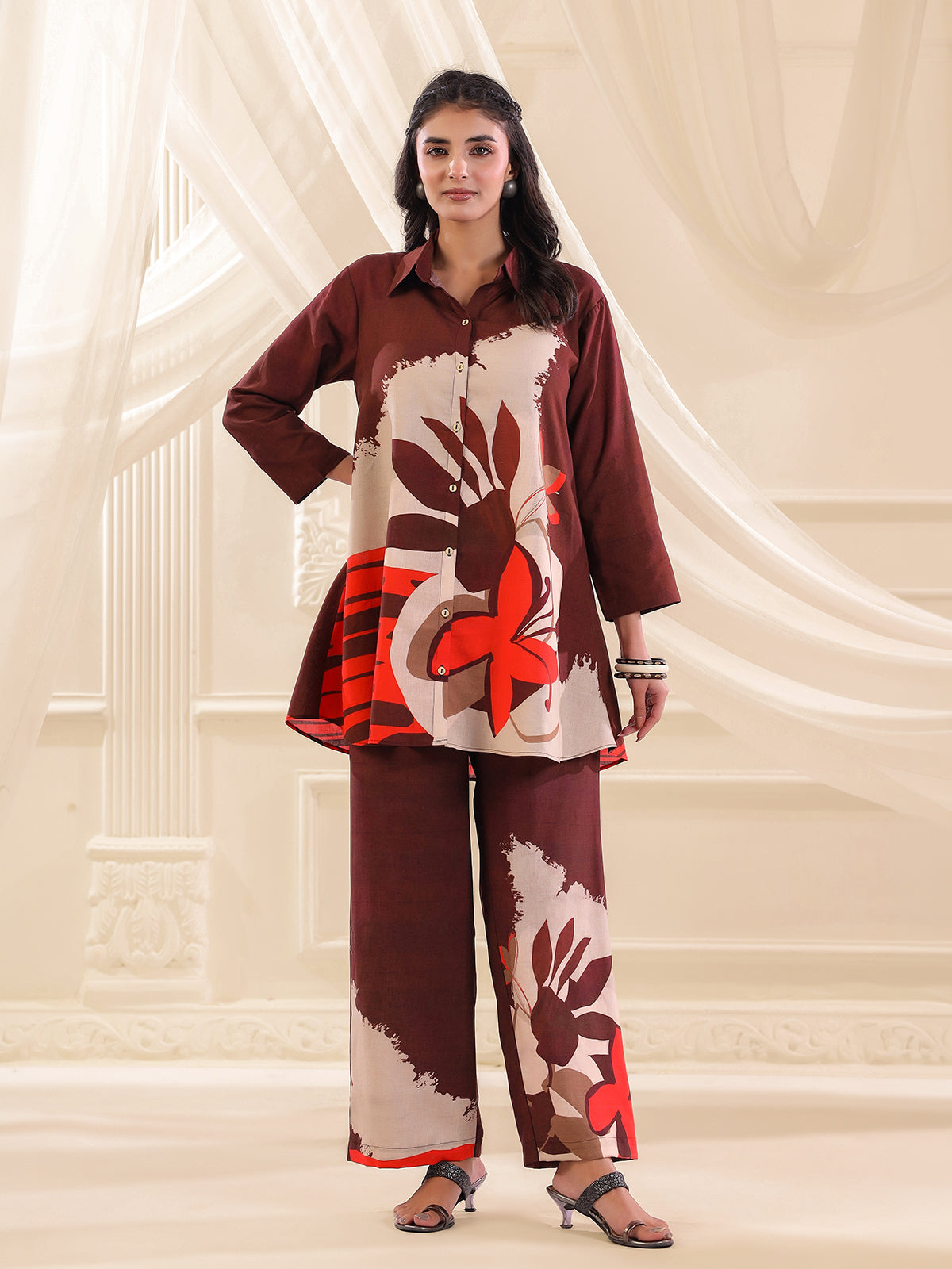 Brown silver linen printed casual co ord set