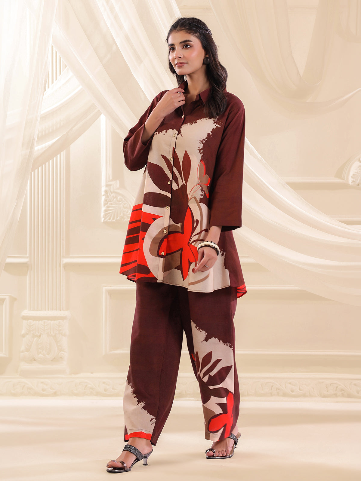 Brown silver linen printed casual co ord set