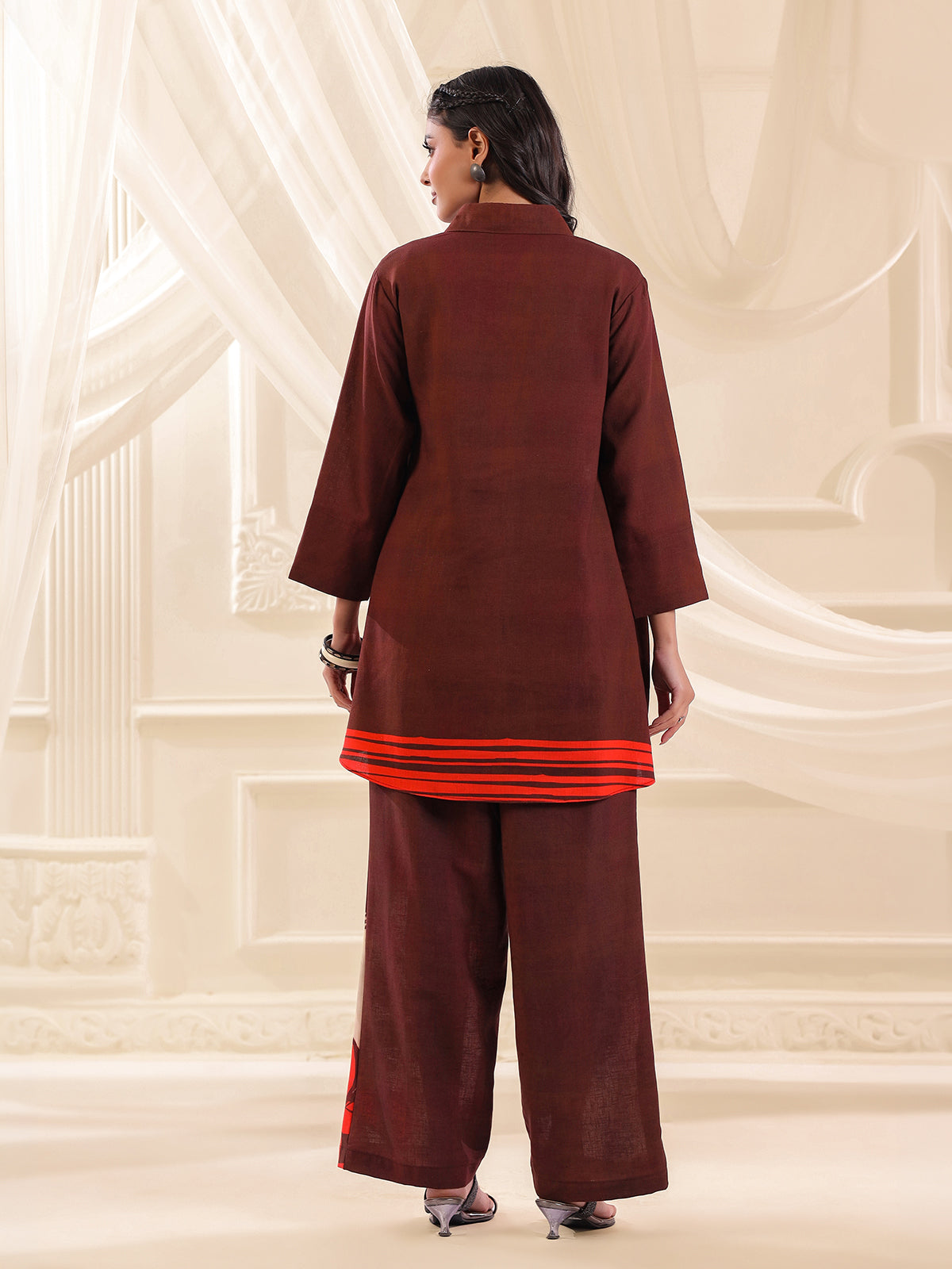 Brown silver linen printed casual co ord set