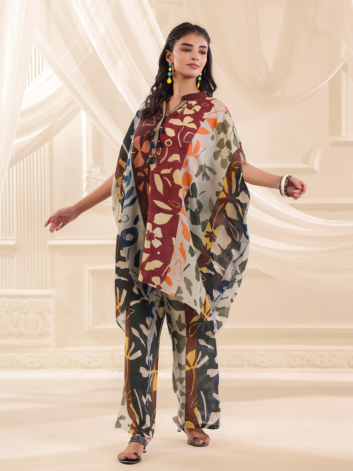 Multicolor silver linen kaftan style co ord set