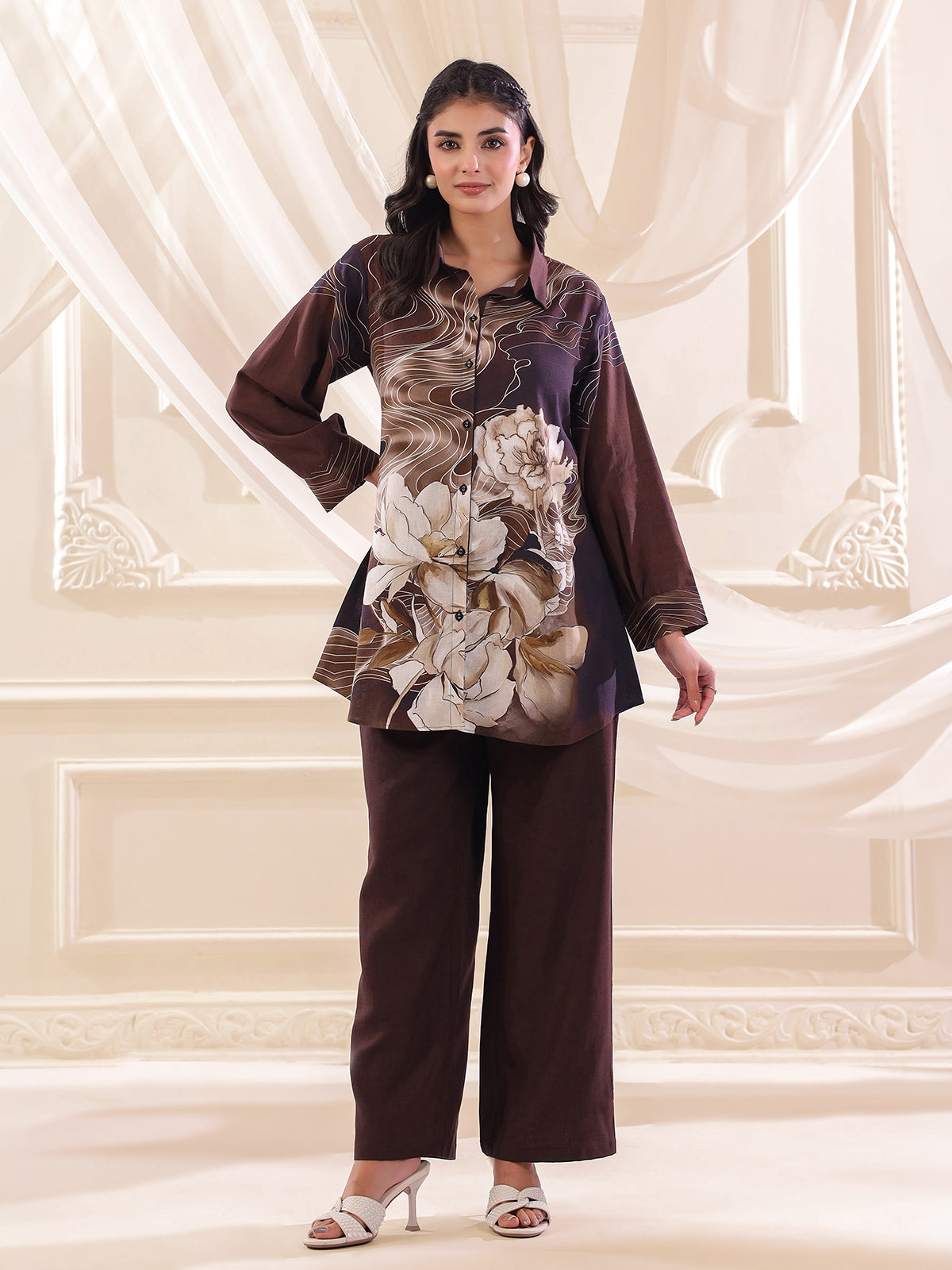 Coffee color silver linen floral printed co ord set