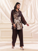 Coffee color silver linen floral printed co ord set