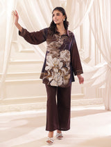 Coffee color silver linen floral printed co ord set