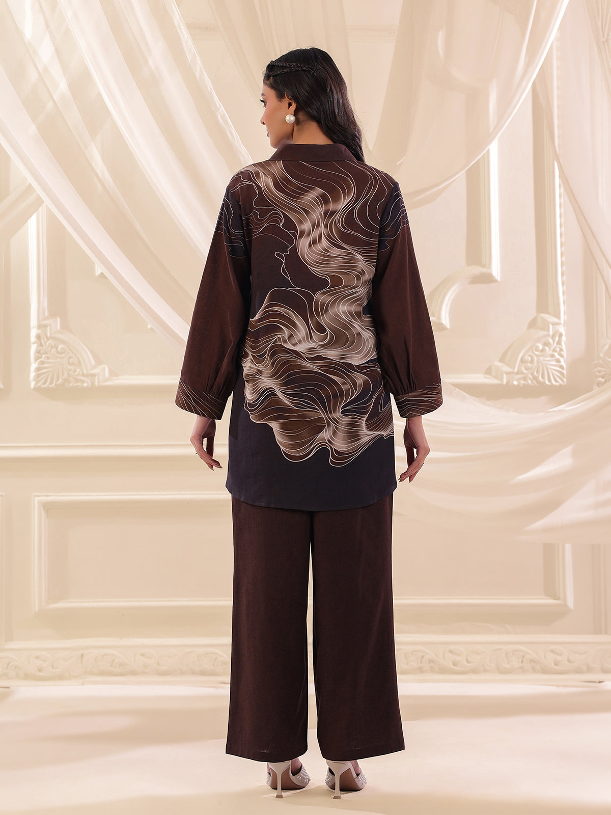 Coffee color silver linen floral printed co ord set