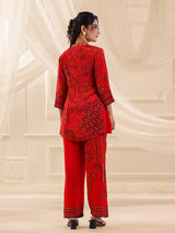 Red viscose crepe embellished printed festive co ord set