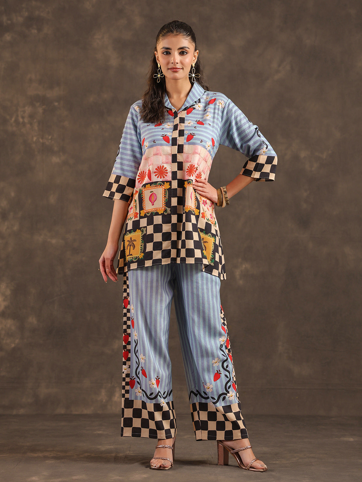 Sky blue silver linen printed casual co ord set