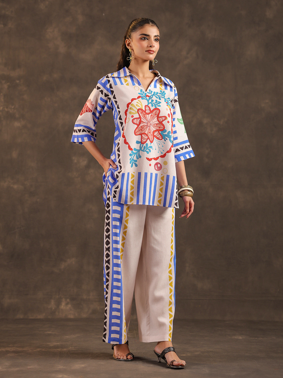 Beige silver linen printed casual co ord set for women