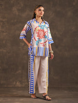 Beige silver linen printed casual co ord set for women