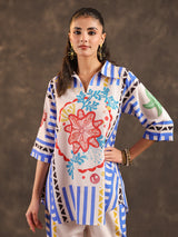 Beige silver linen printed casual co ord set for women