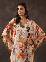 Beige viscose crepe printed kaftan style embellished festive kurti