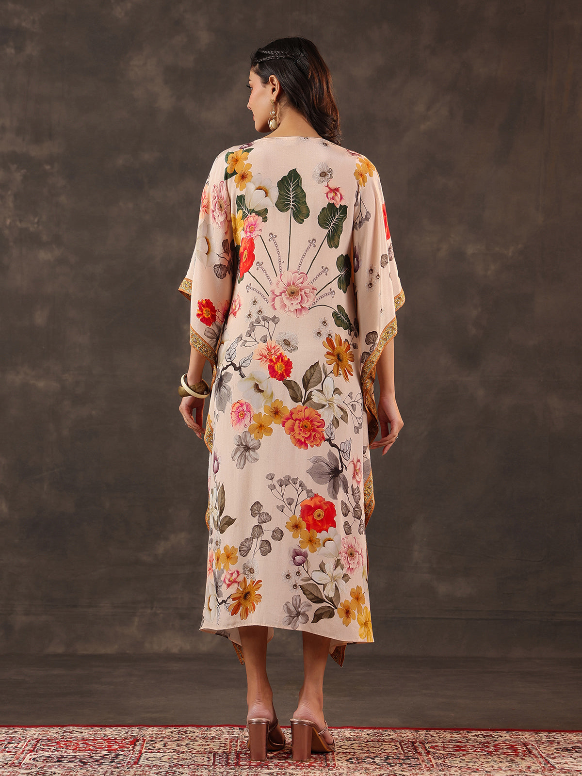 Beige viscose crepe printed kaftan style embellished festive kurti