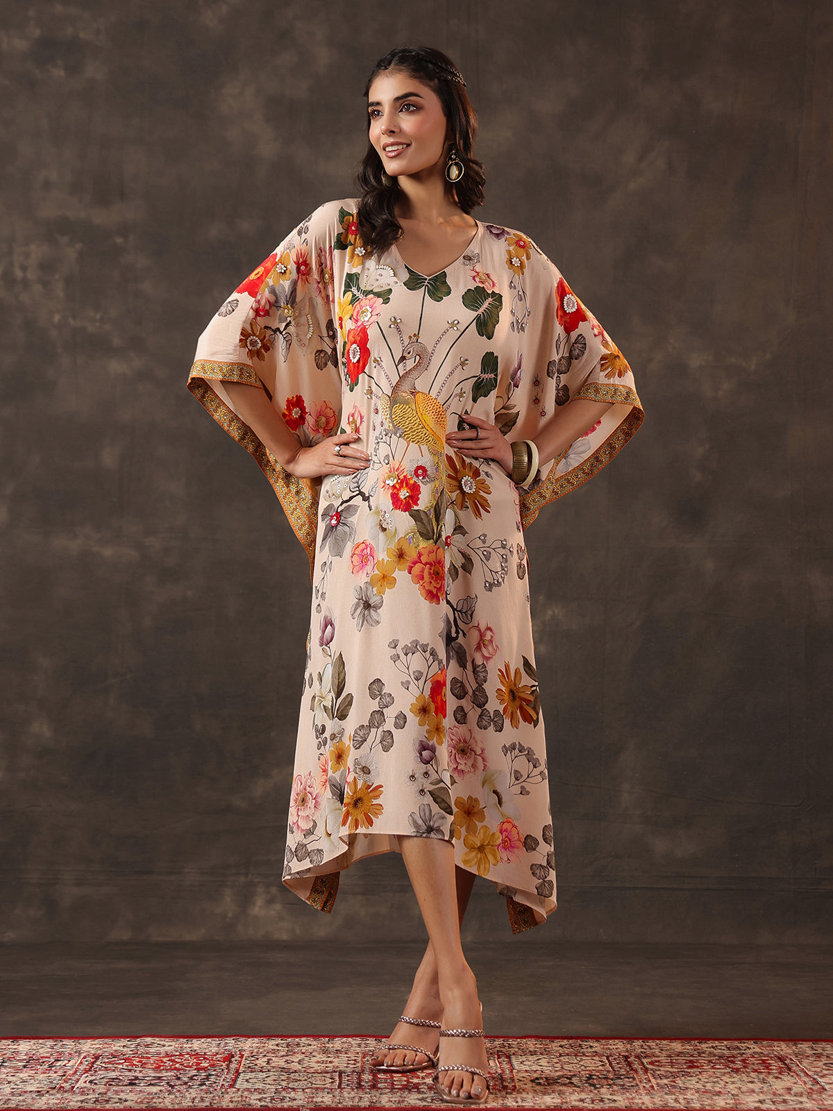 Beige viscose crepe printed kaftan style embellished festive kurti