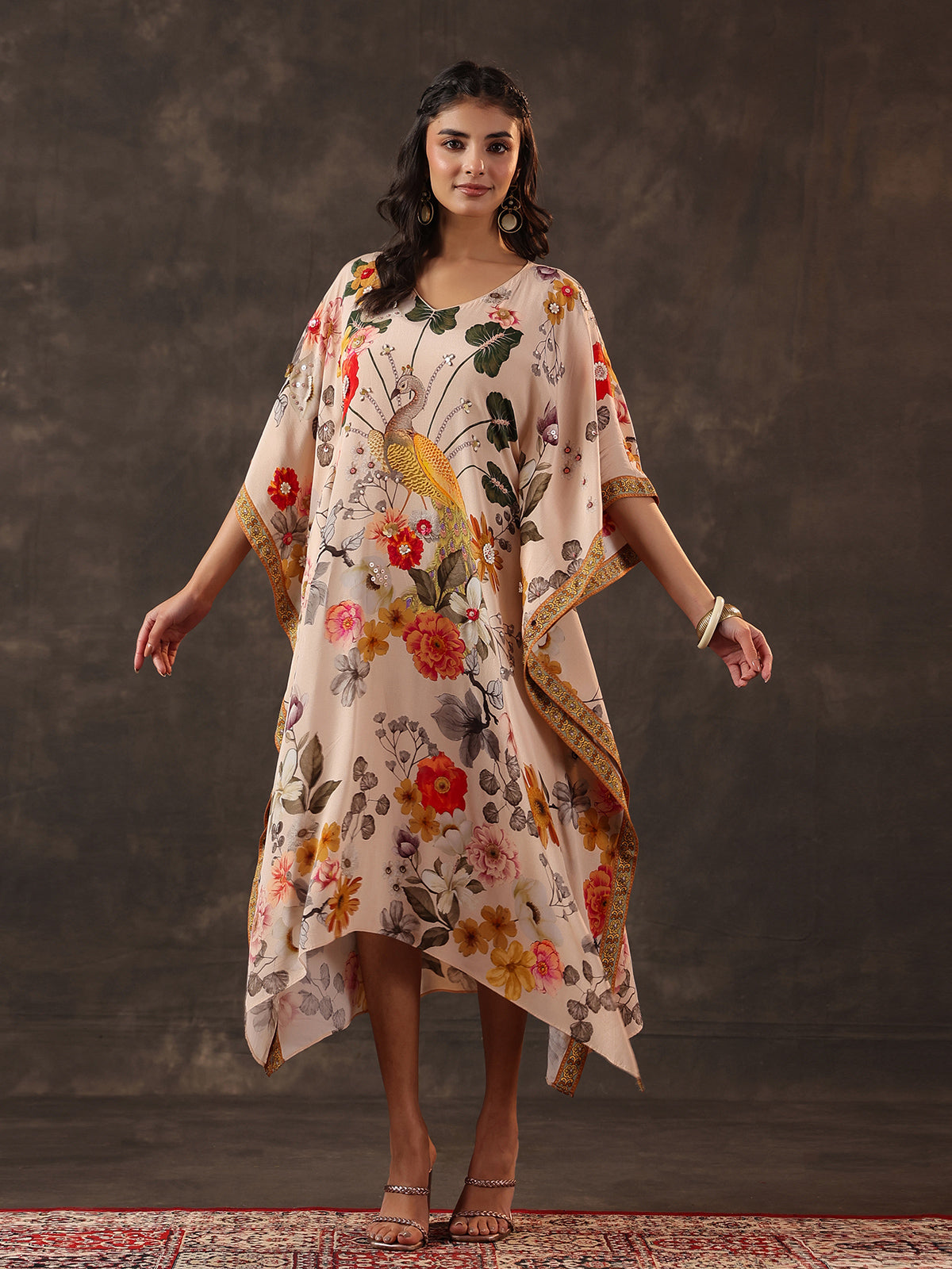 Beige viscose crepe printed kaftan style embellished festive kurti
