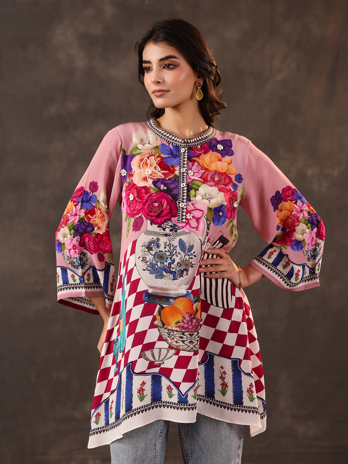 Pink viscose crepe printed short kurti