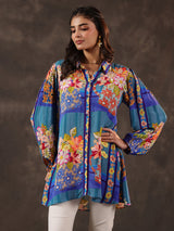 Blue viscose crepe printed casual short kurti