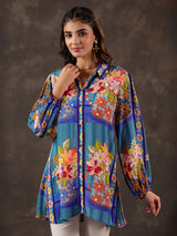Blue viscose crepe printed casual short kurti