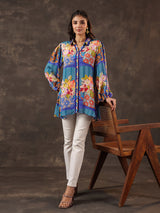 Blue viscose crepe printed casual short kurti