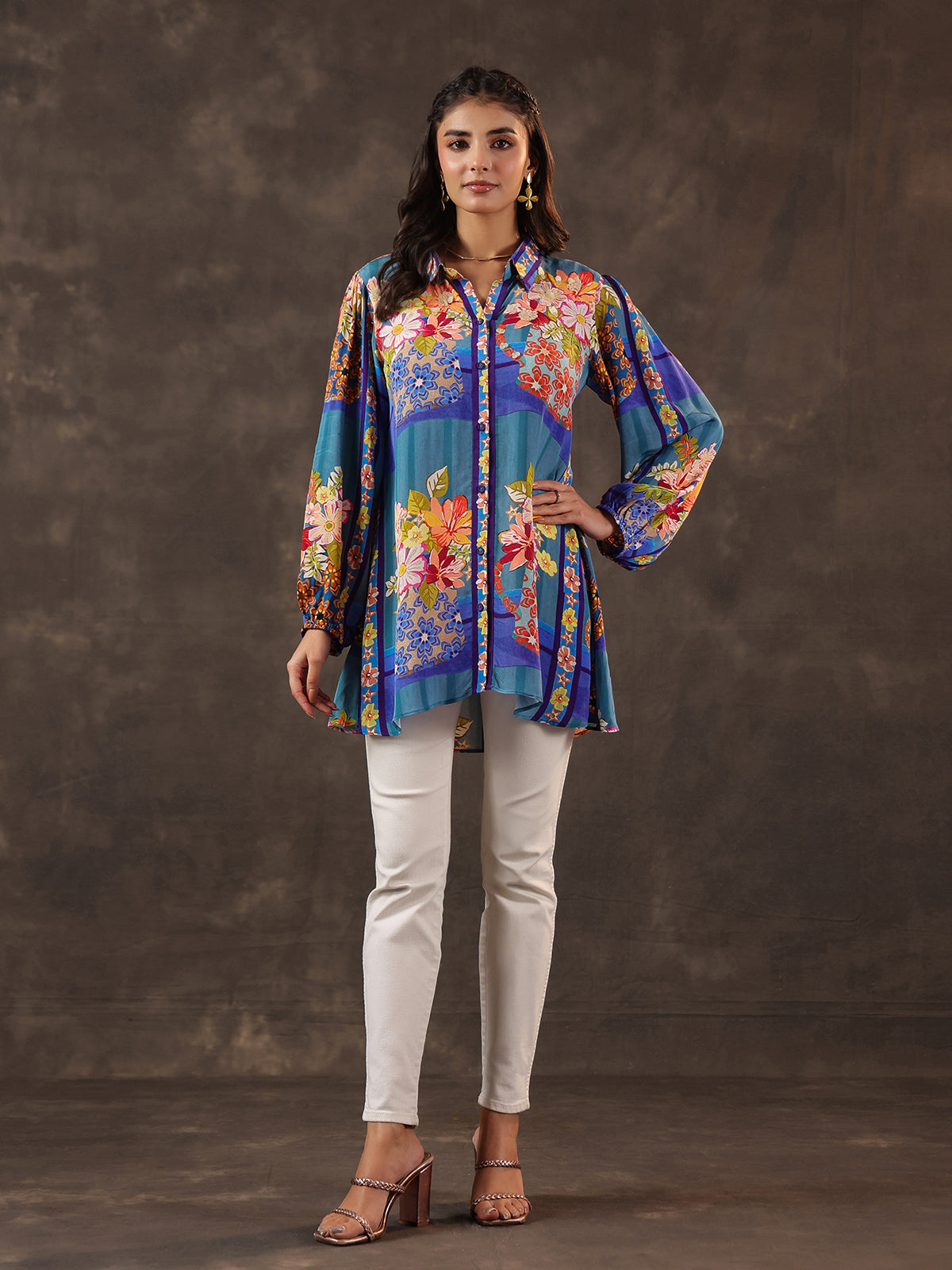Blue viscose crepe printed casual short kurti