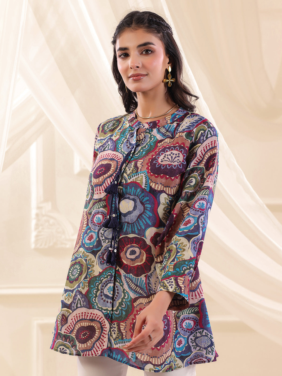 Purple linen silk printed casual stand collar short kurti