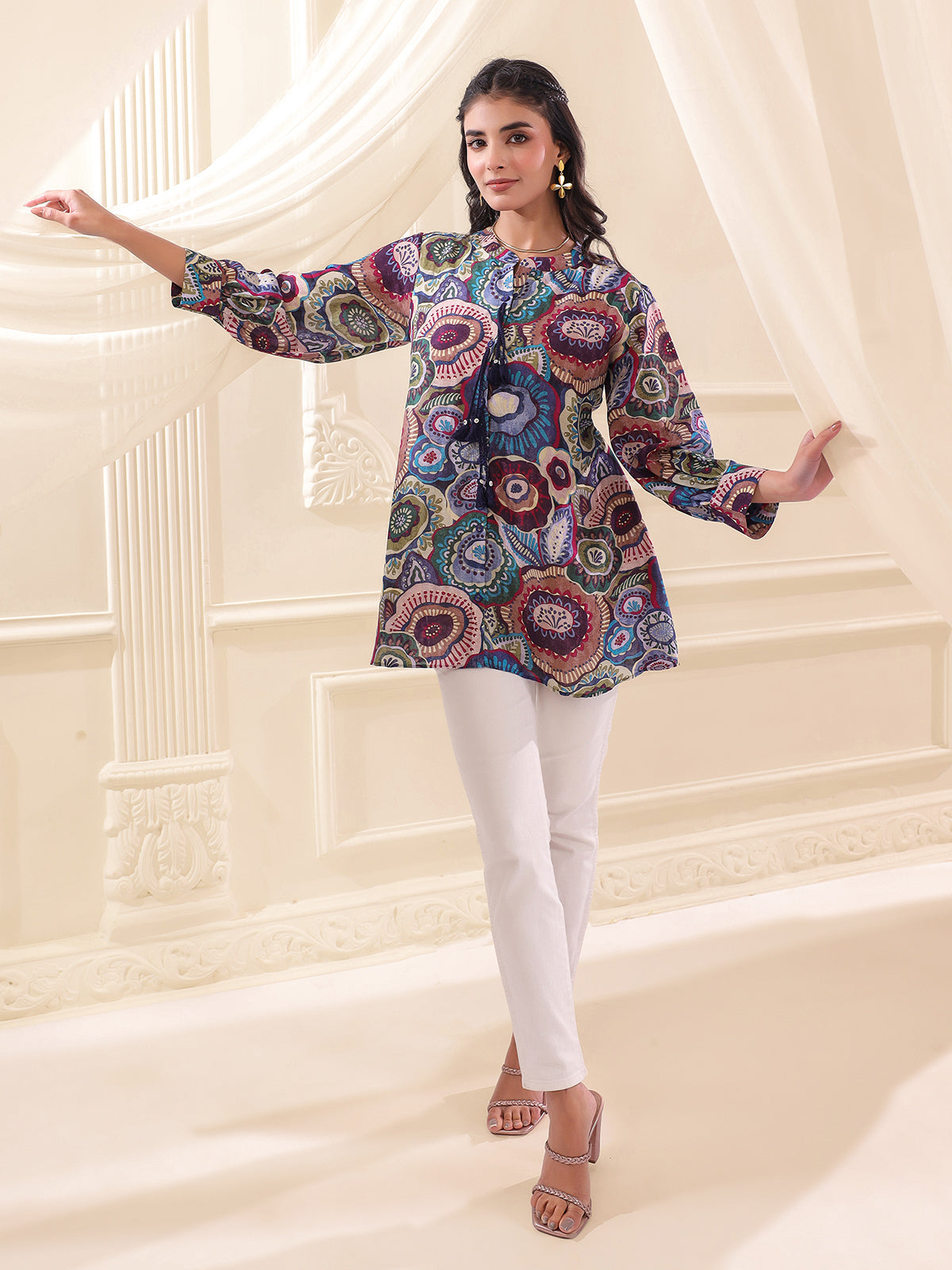 Purple linen silk printed casual stand collar short kurti