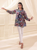 Purple linen silk printed casual stand collar short kurti