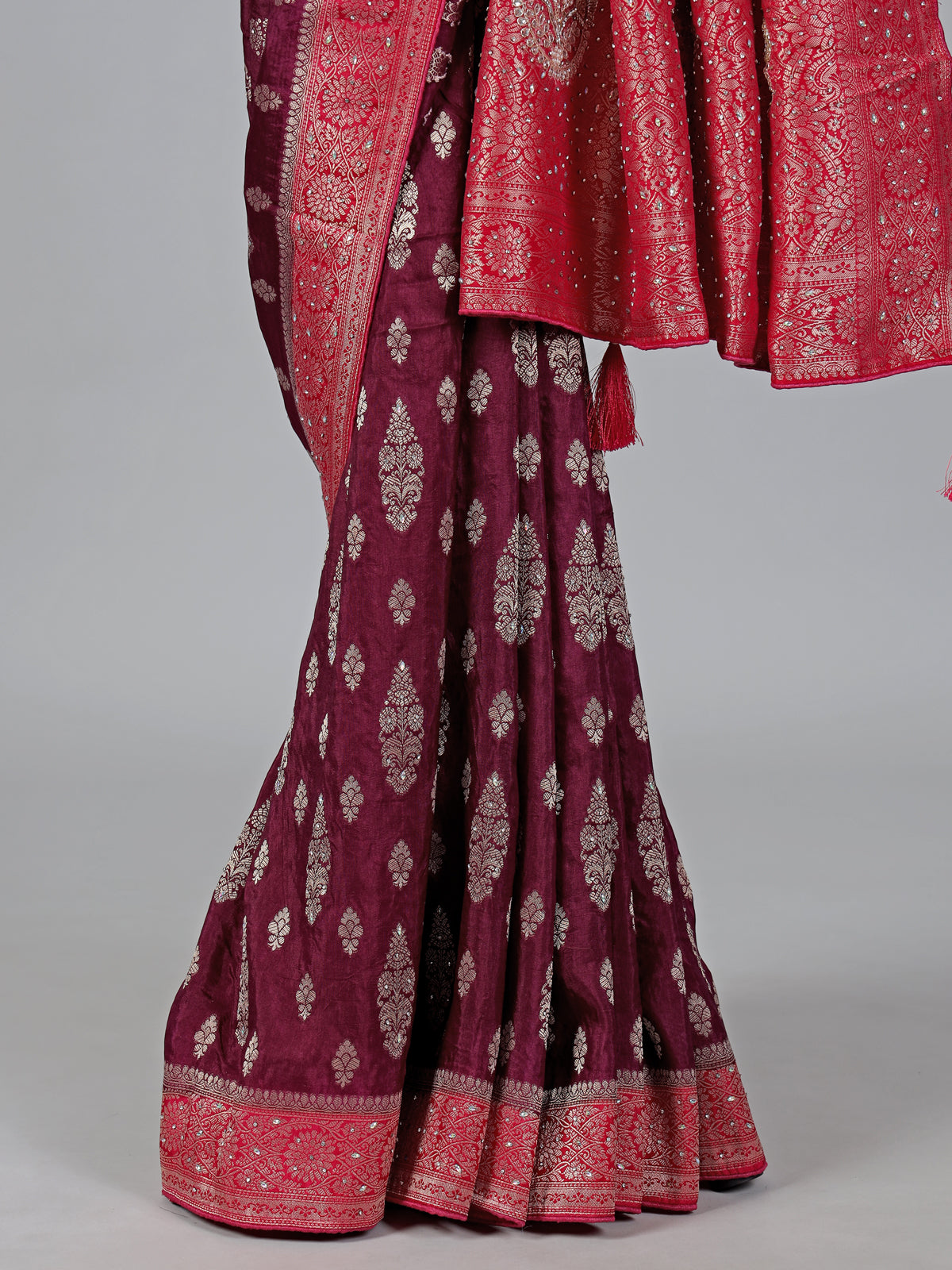 Wine dola silk zari and stone work festive saree