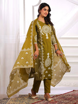 Mehendi green cotton silk printed kurti set for women