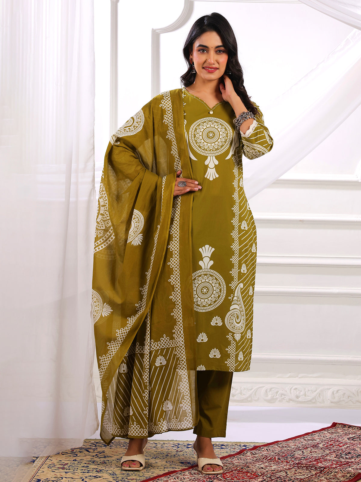 Mehendi green cotton silk printed kurti set for women