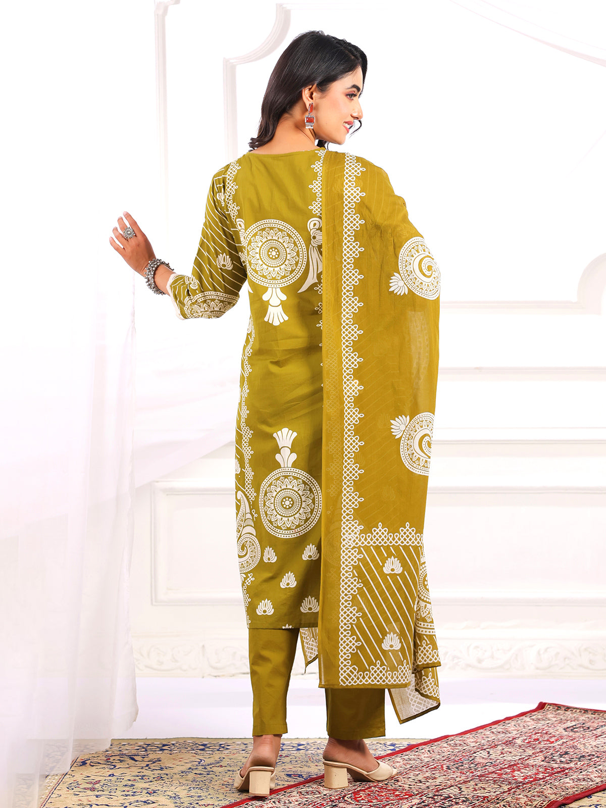 Mehendi green cotton silk printed kurti set for women