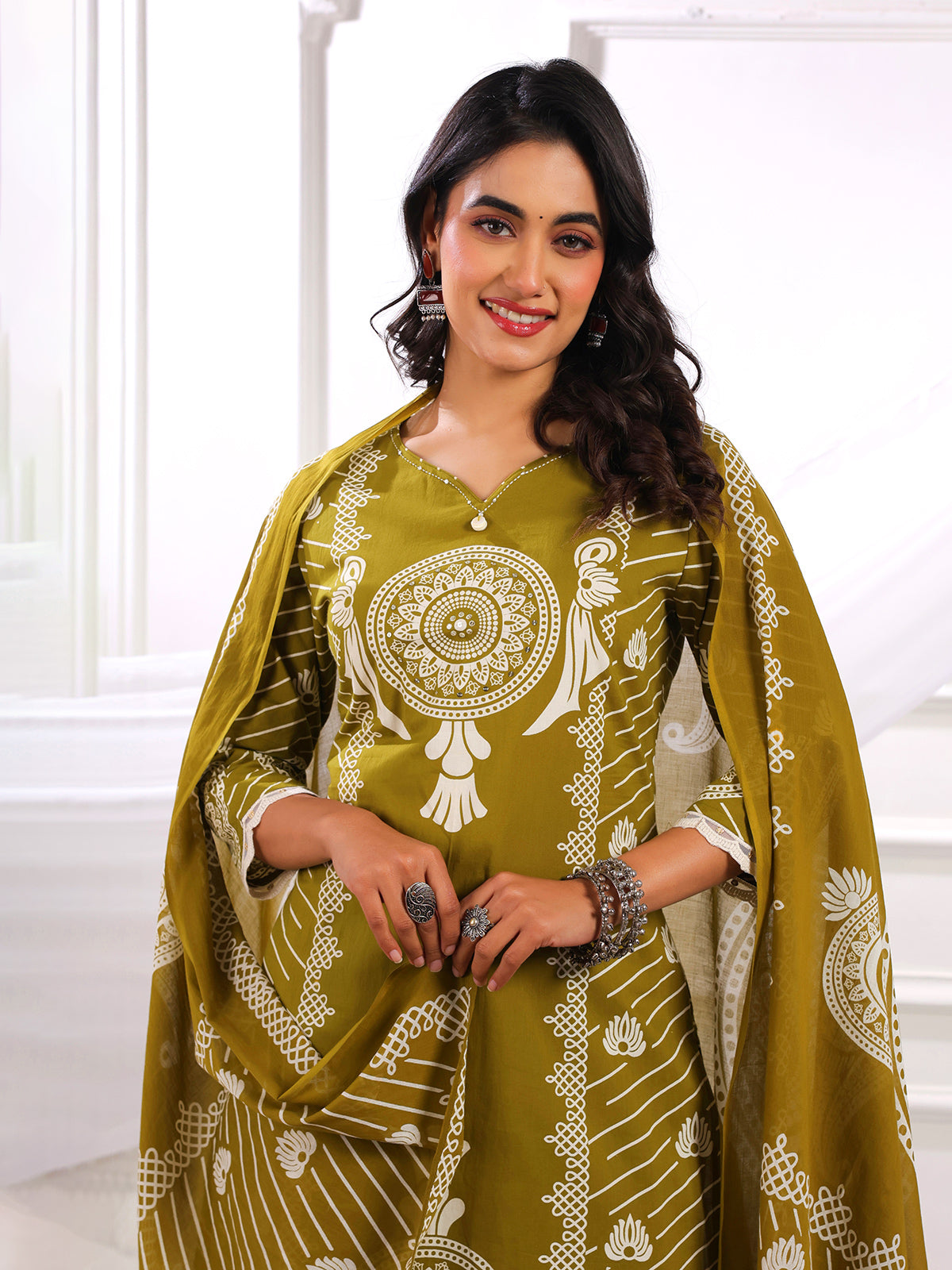 Mehendi green cotton silk printed kurti set for women