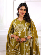 Mehendi green cotton silk printed kurti set for women