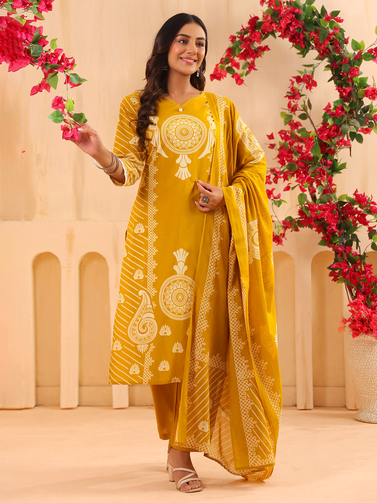Yellow printed straight cut kurti set