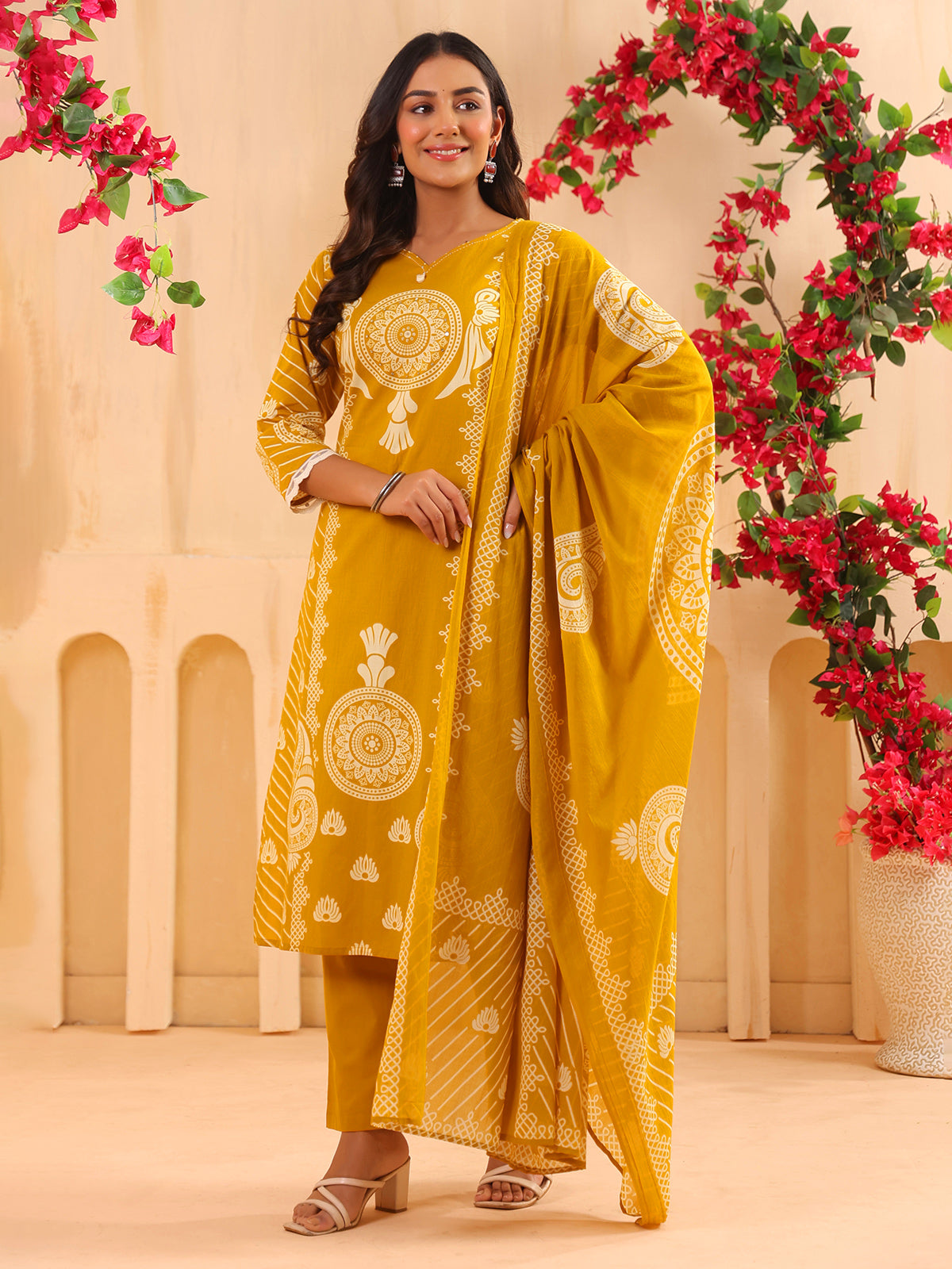 Yellow printed straight cut kurti set