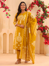 Yellow printed straight cut kurti set