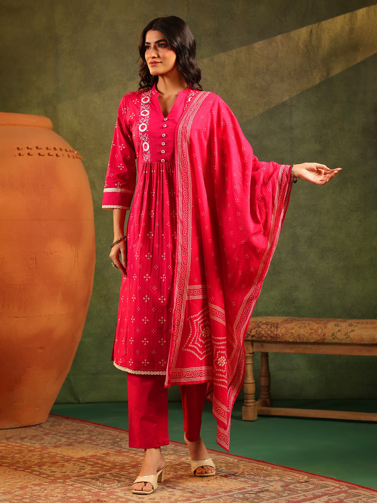 Magenta silk festive wear printed kurti set