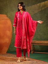 Magenta silk festive wear printed kurti set