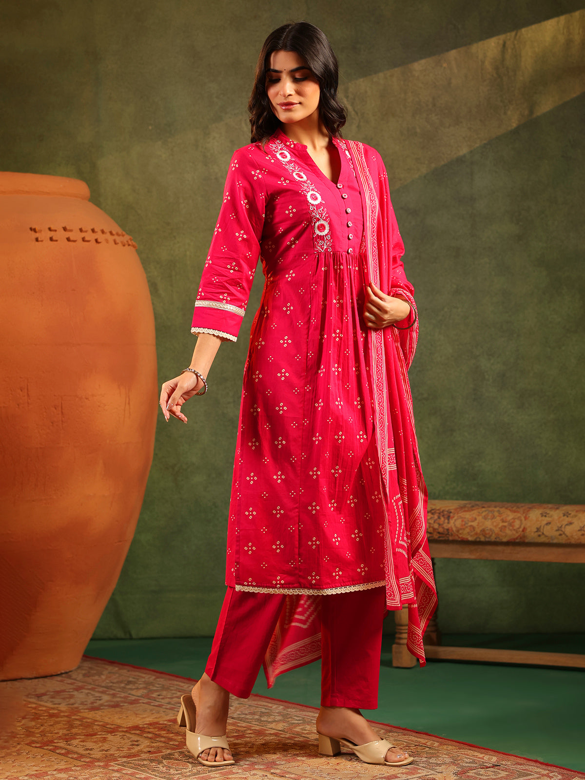 Magenta silk festive wear printed kurti set