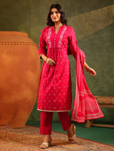 Magenta silk festive wear printed kurti set
