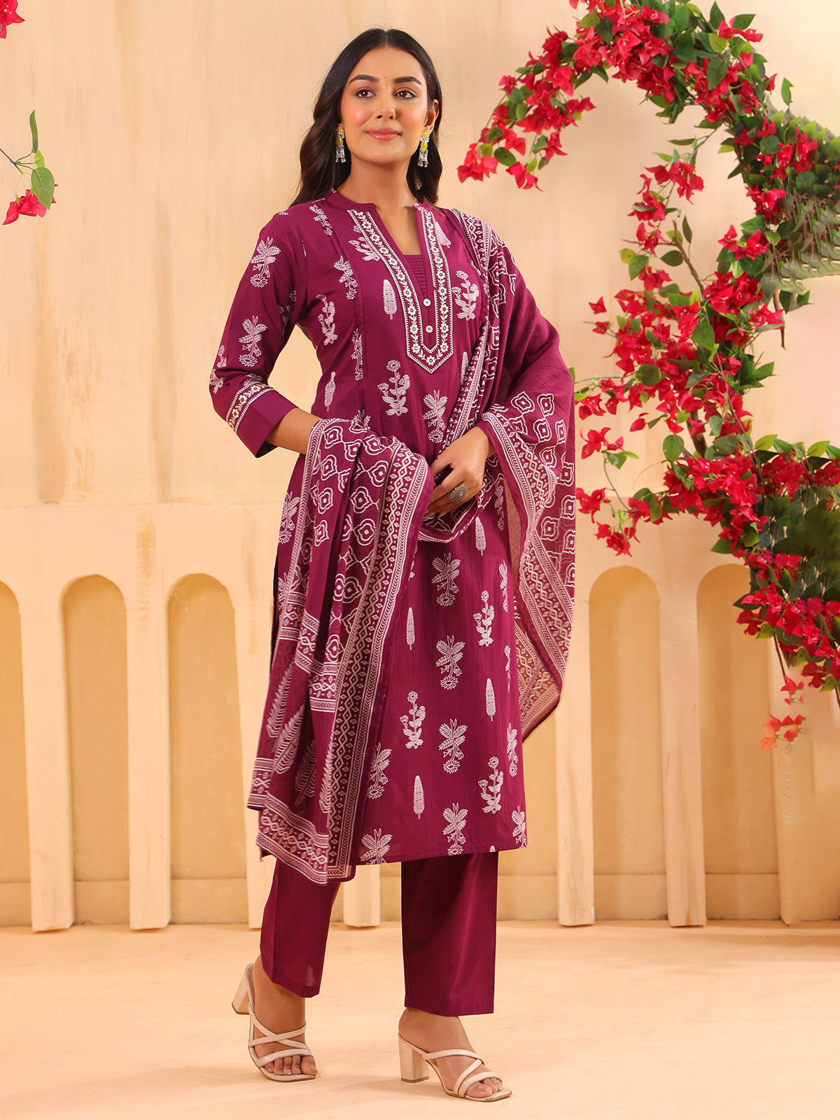 Wine printed cotton kurti set with printed dupatta