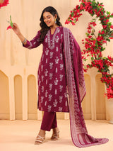 Wine printed cotton kurti set with printed dupatta
