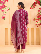 Wine printed cotton kurti set with printed dupatta