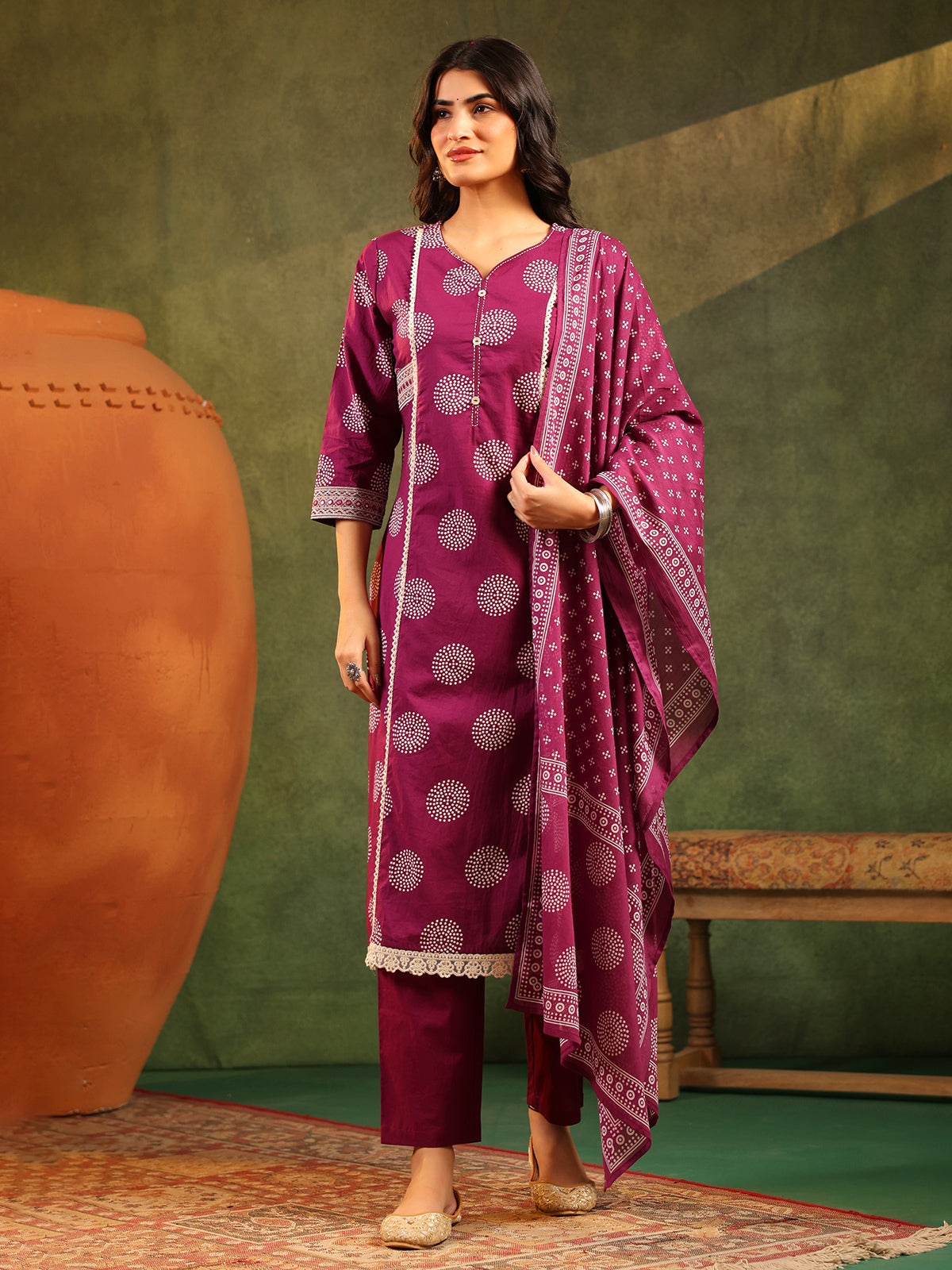 Wine printed festive wear cotton silk kurti