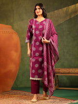 Wine printed festive wear cotton silk kurti