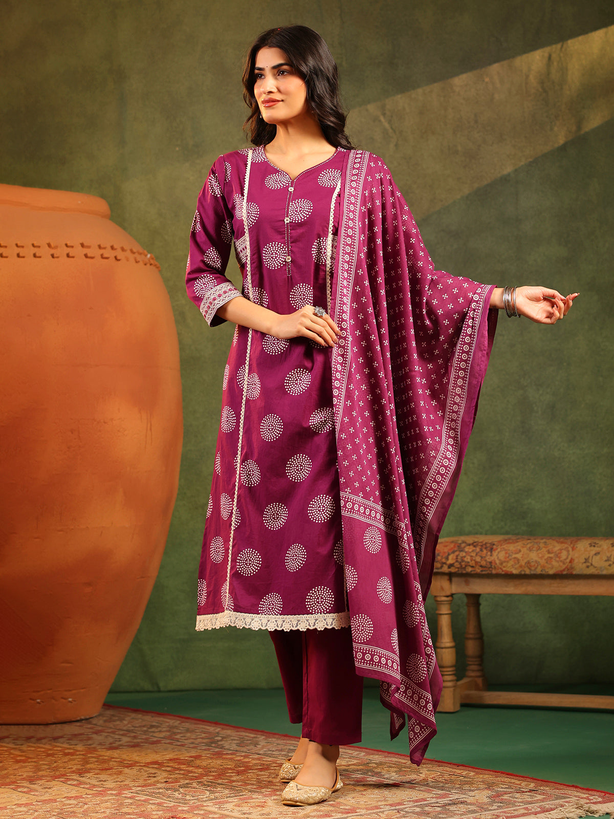 Wine printed festive wear cotton silk kurti